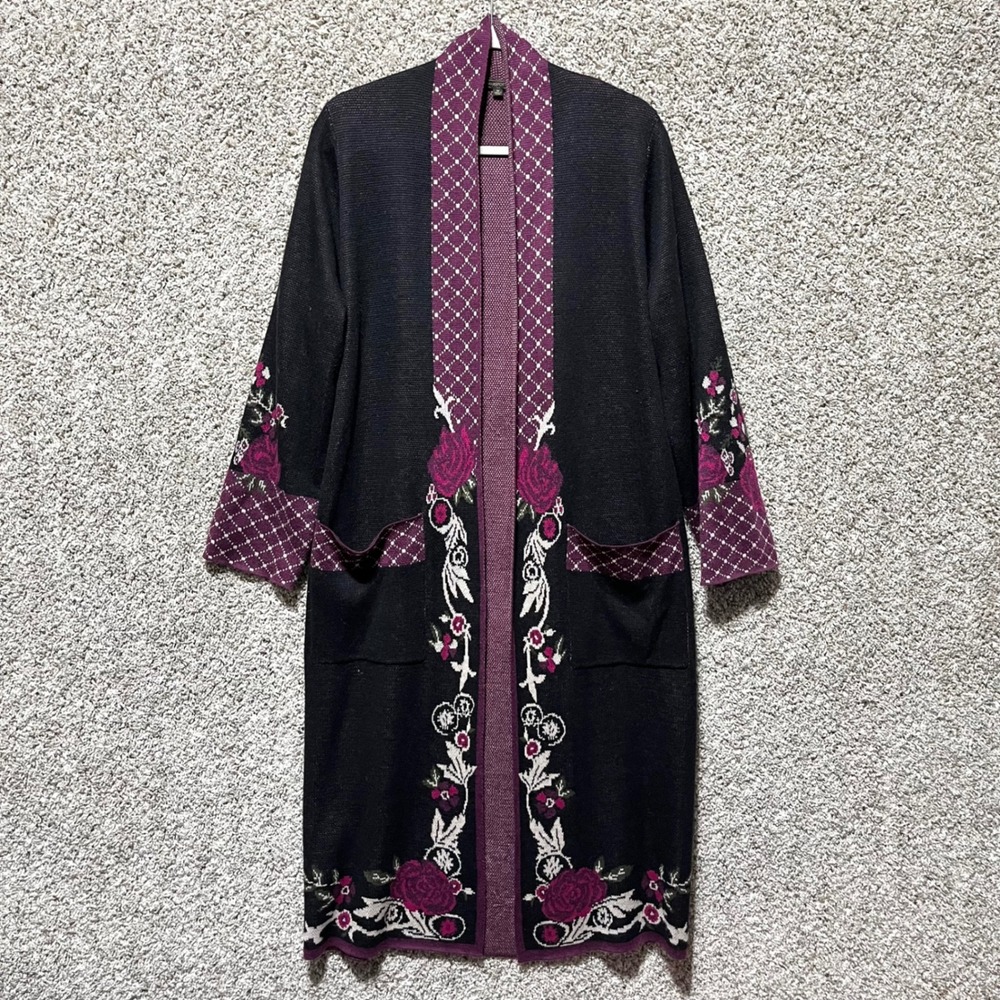 Max Sport Cardigan Sweater Women's M Floral Wool Blend Longline Open Front Knit